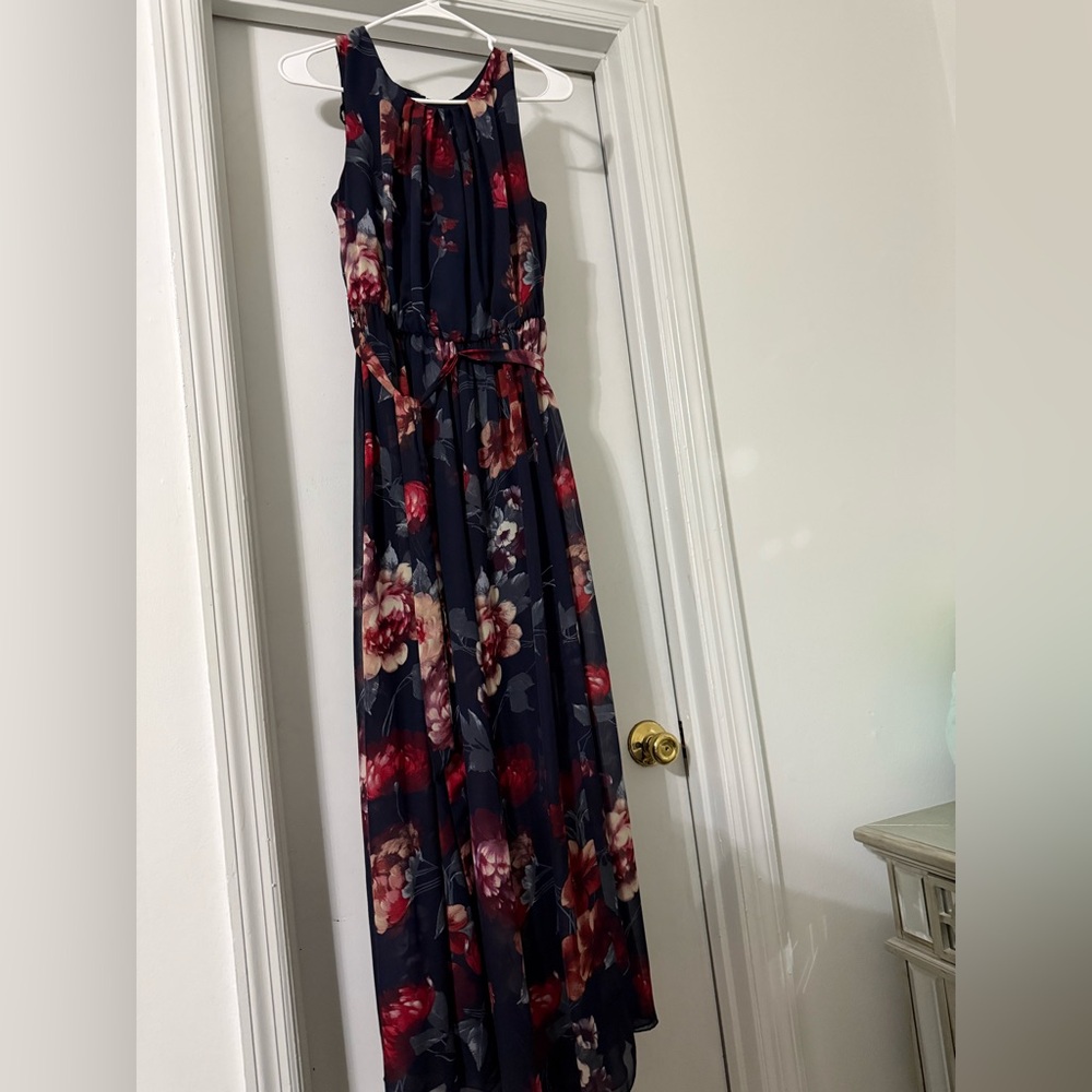 Navy Floral Maxi Dress with Tie Waist